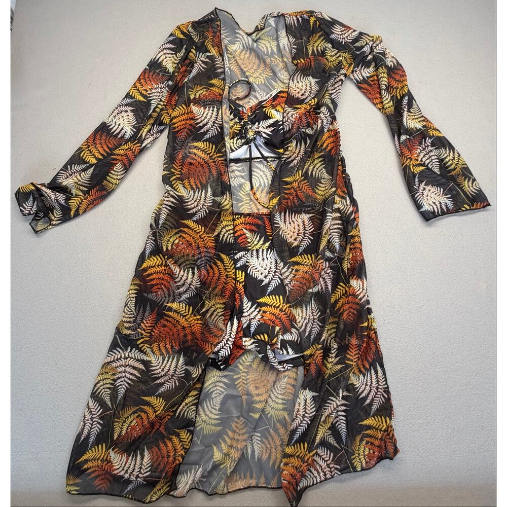 3 pc Women's Leaf Print Front Tie Bikini High Waist Shorts Swim w/Kimono Size M - Picture 2 of 8